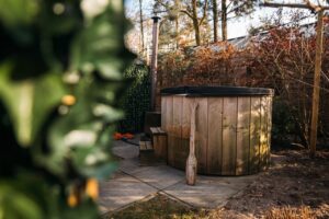 Wooden hot tub outdoors